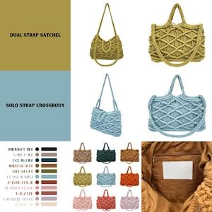 Boho Macrame Tote Bag – Handmade Boho Cotton Tote, Medium Crossbody or Shoulder Strap, 11 Colors, Beach & Market Bag with Zipper Pocket