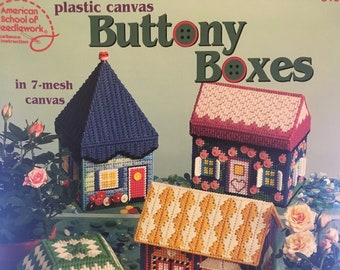 Buttony Boxes - Brand New Vintage Plastic Canvas Pattern Booklet - Boxes, Coasters, Tissue Box Holder - 5 designs in 7-mesh canvas