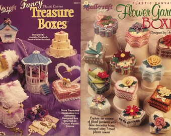 Plastic Canvas Books -  2 to choose from - Fancy Treasure Boxes AND Flower Garden Boxes - BRAND NEW Vintage - One Left!!