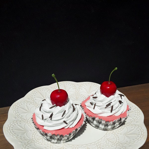 Faux Cherry Cupcakes / Fake Cherry Cupcakes / Black and White Buffalo Plaid Cupcakes / Cute Photo Prop Cupcake