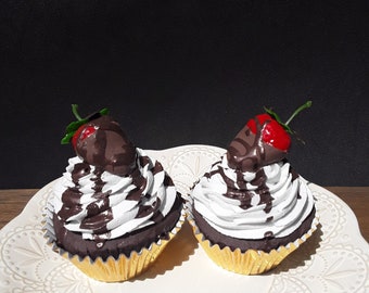 Fake Chocolate Strawberry Cupcakes, Faux Chocolate dipped Strawberry, Chocolate Cupcakes, Fake Cupcake Photo Props