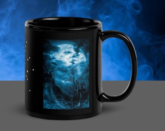 Black Gothic Mug, Full Moon Castle, Witchy Graveyard Design