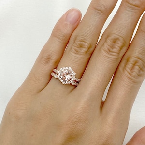 14K 1.2CT Morganite Diamond Hexagon Wedding Ring Set / Morganite Engagement Ring / Diamond Band / Hexagon Ring / Promise Ring / Rose Gold