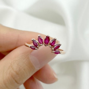 14K Rose Gold Ruby Crown Band: Marquise Wedding Ring