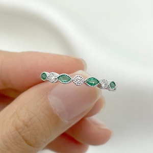 14K Real Emerald Diamond Wedding Band / Diamond Ring / Diamond Band / Art Deco Band / Stackable Ring / Matching Band Ring / Band for Women