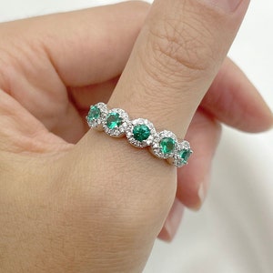 14K Natural 5 Emerald Diamond Halo Wedding Band / Emerald Ring / Diamond Halo Ring / Emerald Diamond Ring / White Gold / Diamond Band