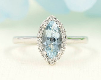 14K 1CT Aquamarine Diamond Engagement Ring / Diamond Engagement Ring / Aquamarine Bridal Ring / White Gold / Anniversary Ring / Wedding Ring