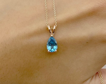 14K 1CT Blue Topaz Solitaire Necklace / Pear Blue Topaz Necklace / Solitaire Necklace / Everyday Necklace / Simple Necklace / Rose Gold