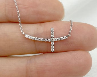 14K Diamond Sideway Cross Necklace / Diamond Necklace / Cross Necklace / Cross Pendant / Diamond Pendant / Everyday Necklace / White Gold
