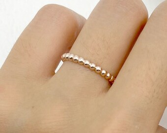 14K Solid Gold Beaded Ring: 2mm Stackable Wedding Band