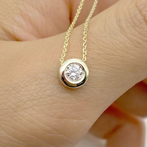 14k Gold Bezel Diamond Necklace Solitaire Necklace Etsy