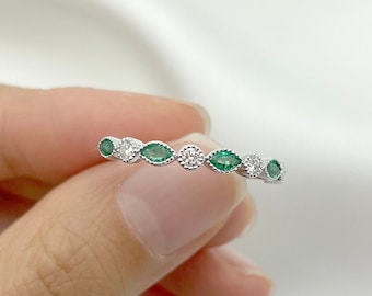 14K Real Emerald Diamond Wedding Band / Diamond Ring / Diamond Band / Art Deco Band / Stackable Ring / Matching Band Ring / Band for Women