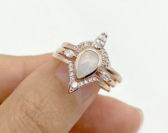 14K Opal Diamond Ring Set: Pear Opal Bridal Wedding Band