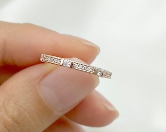 14K Solid Gold Diamond Wedding Band: Vintage Stackable Ring. Diamond Wedding Ring. Real Diamond Matching Wedding Band