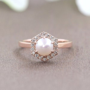 14K 1CT Natural Pearl Diamond Hexagon Wedding Ring / Pearl Engagement Ring / Diamond Wedding Ring / Rose Gold / Hexagon Ring / Promise Ring image 1