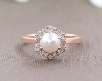 14K 1CT Natural Pearl Diamond Hexagon Wedding Ring / Pearl Engagement Ring / Diamond Wedding Ring / Rose Gold / Hexagon Ring / Promise Ring