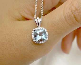 14K 1.5CT Aquamarine Diamond Halo Necklace / Cushion Aquamarine Necklace / Diamond Necklace / Aquamarine Pendant / White Gold