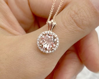 14K Round Morganite Diamond Necklace / Morganite Pendant / Morganite Necklace / Rose Gold / Diamond Necklace / Necklace for Women