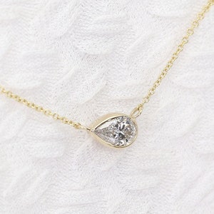 14k Solid Gold Necklace / 0.5ct Lab Grown Diamond Necklace / Pear Shaped Necklace / Bezel Set Solitaire Necklace / April Birthstone