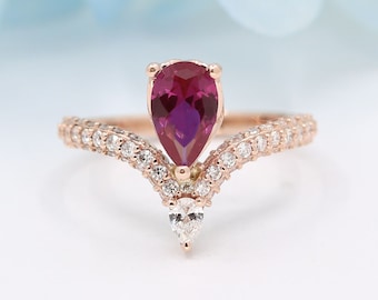 14K Yellow Gold Pear Ruby Diamond Engagement Ring