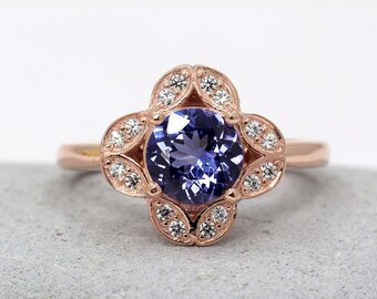 14K 1.2CT Tanzanite Diamond Flower Engagement Ring / Tanzanite Wedding Ring / Diamond Bridal Ring / White Gold / Anniversary Ring