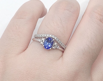 14K White Gold Tanzanite Engagement Ring Set with Diamond Band