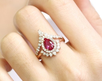 14K Rose Gold Lab Ruby Engagement Ring: Pear Diamond Halo