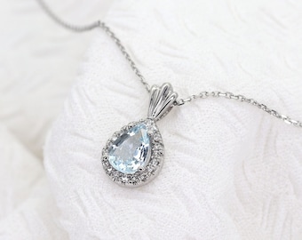 14K White Gold Aquamarine Necklace: Pear Diamond Halo Pendant