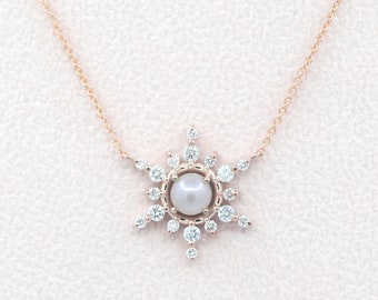 14K Pearl Diamond Snowflake Necklace / Pearl Necklace / Pearl Pendant / Diamond Necklace / Snowflake Necklace / White Gold