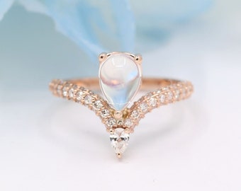 14K White Gold Pear Moonstone Diamond Engagement Ring