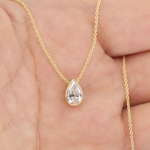 14k Solid Gold Necklace / 0.5ct Lab Grown Diamond Necklace / Pear Shaped Necklace / Bezel Set Solitaire Necklace / April Birthstone
