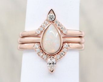 14K Rose Gold Pear Opal Diamond Ring Set: Bridal Wedding Band