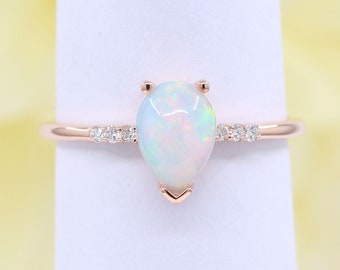 14K Opal Diamond Solitaire Engagement Ring / Opal Ring / Rose Gold / Solitaire Ring / Diamond Ring / Anniversary Ring / Simple Wedding Ring