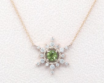14K Peridot Diamond Snowflake Necklace / Peridot Necklace / Diamond Necklace / Peridot Pendant / Snowflake Pendant / Rose Gold