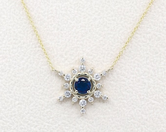 14K Sapphire Diamond Snowflake Necklace / Sapphire Necklace / Diamond Necklace / Sapphire Pendant / Snowflake Necklace / Yellow Gold