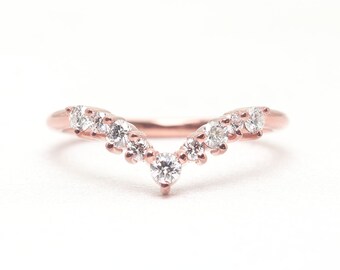 14K Diamond Chevron Ring: Bridal Wedding Band, 0.27ct Diamond. Real Diamond Matching Wedding Band