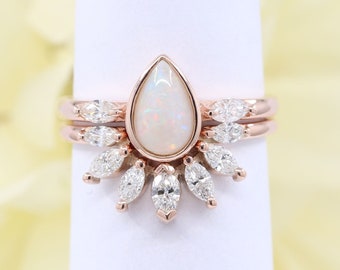 14K Pear Opal Diamond Crown Band Ring Set / Opal Engagement Ring / Diamond Crown Band / Opal Ring Set / White Gold / Promise Ring