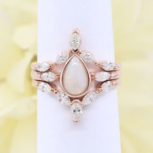 14K Pearl Opal Diamond Bridal Ring Set / Marquise Diamond Wedding Band / Opal Engagement Ring / Yellow Gold / Anniversary Ring