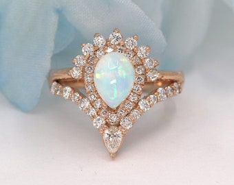14K Opal Diamond Engagement Ring / Diamond Wedding Ring / Opal Engagement Ring / Promise Ring / Diamond Chevron Wedding Band / Rose Gold
