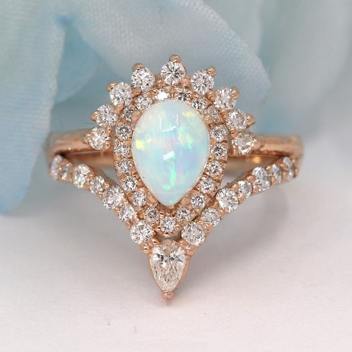 Unique Opal Engagement Ring Rose Gold Diamond Wedding Band V Etsy