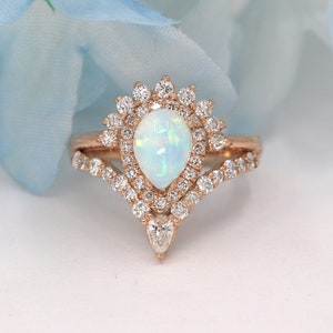 14K Opal Diamond Engagement Ring / Diamond Wedding Ring / Opal Engagement Ring / Promise Ring / Diamond Chevron Wedding Band / Rose Gold