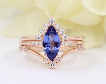 14K 1CT Tanzanite Diamond Wedding Ring Set / Tanzanite Engagement Ring / Diamond Bridal Ring / White Gold / Anniversary Ring / Wedding Ring