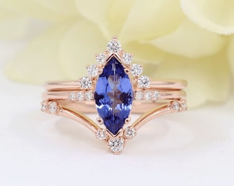 14K White Gold Tanzanite Diamond Marquise Wedding Ring Set