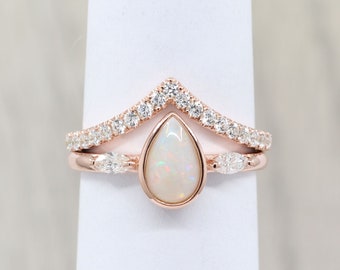 14K Pear Opal Diamond Band Ring Set / Opal Engagement Ring / Diamond Chevron Band / Promise Ring / Rose Gold / Diamond Ring / Opal Ring