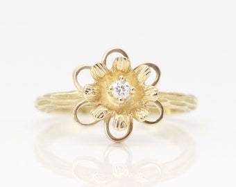 14K Gold Diamond Flower Ring: Floral Bridal Engagement Ring