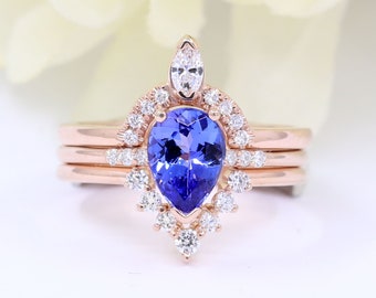 14K 1CT Tanzanite Diamond 3 Ring Set / Pear Tanzanite Wedding Ring / Diamond Chevron Band / Tanzanite Ring Set / White Gold / Promise Ring