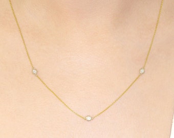 14K 3 Diamond By The Yard Necklace / Diamond Bezel Necklace / By The Yard Necklace / Simple Necklace / Everyday Necklace / Yellow Gold