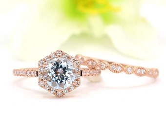 14K 1.2CT Aquamarine Diamond Hexagon Wedding Ring Set / Aquamarine Ring / Diamond Ring / Hexagon Ring / Promise Ring / White Gold