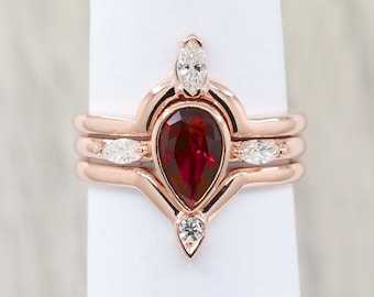 14K 1.2CT Natural Pear Ruby Diamond Bridal Ring Set / Natural Ruby Wedding Ring / Diamond Wedding Band / Diamond Ring / Promise Ring