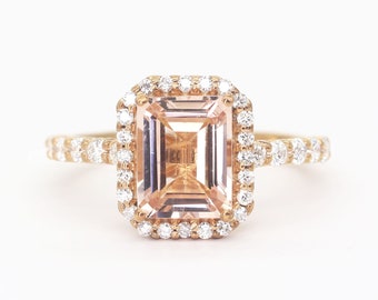 14K Morganite Diamond Halo Engagement Ring / Natural Morganite Wedding Ring / Diamond Ring / Yellow Gold / Promise Ring / Rectangle Gem